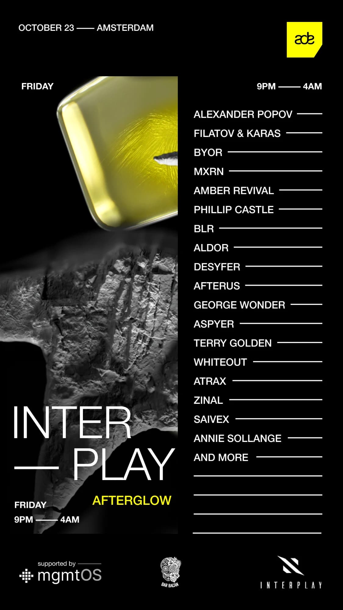 INTERPLAY AFTERGLOW ADE edition poster: October 23, Bar Bacan, Amsterdam, 9 PM to 4 AM, with the night’s lineup, supported by mgmtOS