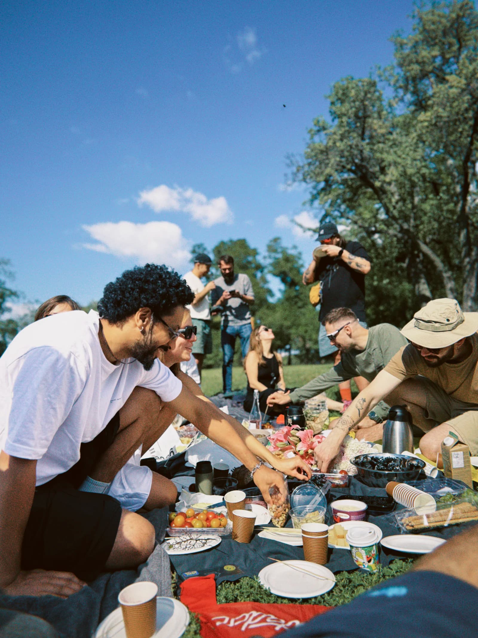 Friends leaning into a conversation over a picnic beneath green trees