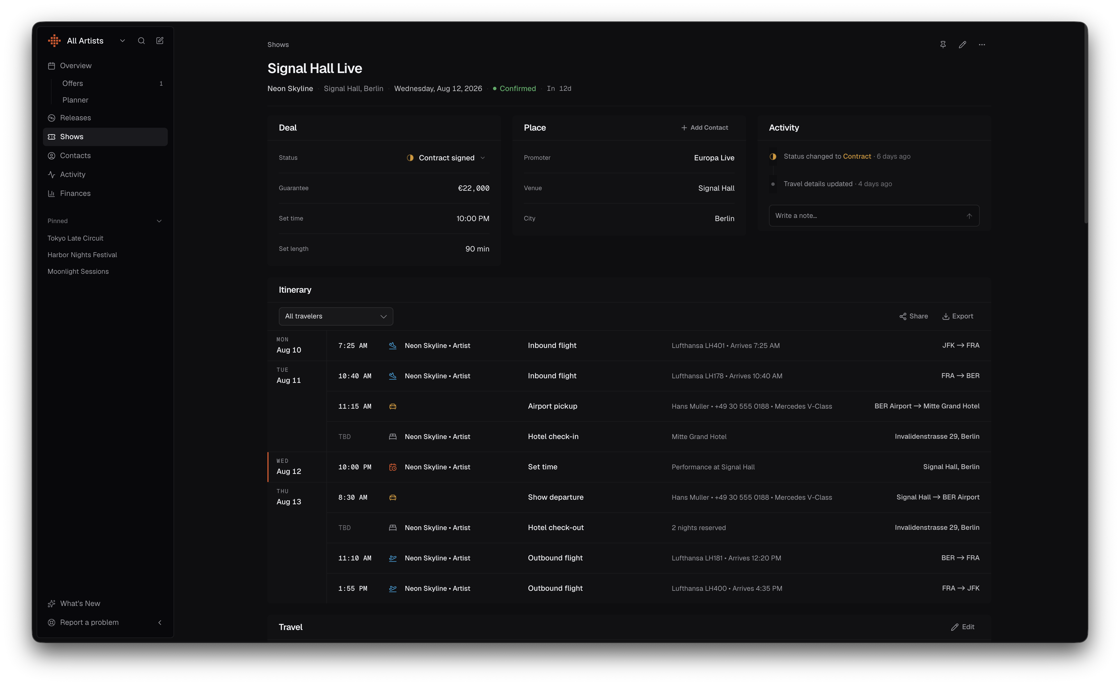 Show detail page for Signal Hall Live with deal, place, activity, and itinerary