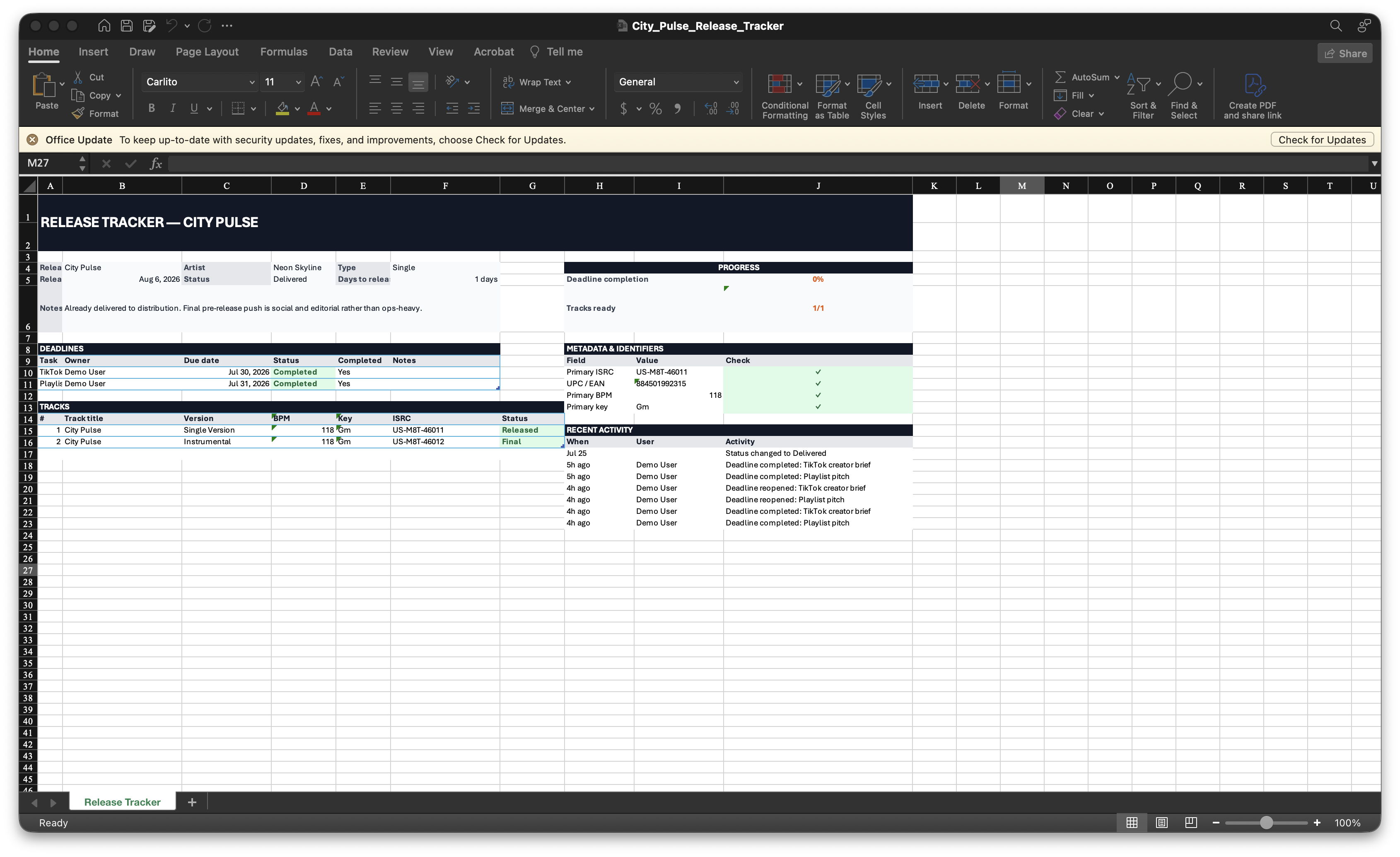 City Pulse release tracked in a spreadsheet